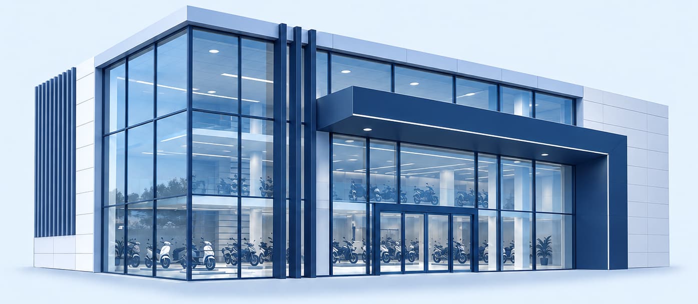 Two-wheeler showroom illustration for RideX24 near Munirka & Kishan Garh Village